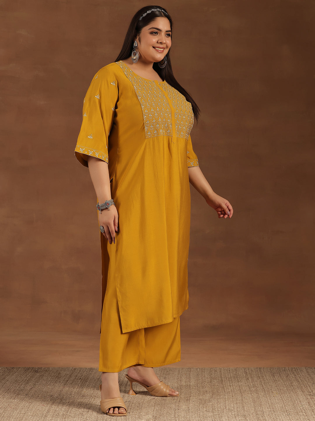 Plus Size Mustard Solid Silk Blend Straight Suit With Dupatta
