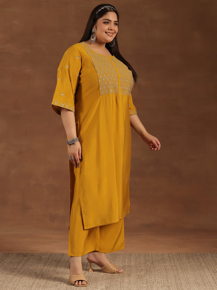 Plus Size Mustard Solid Silk Blend Straight Suit With Dupatta