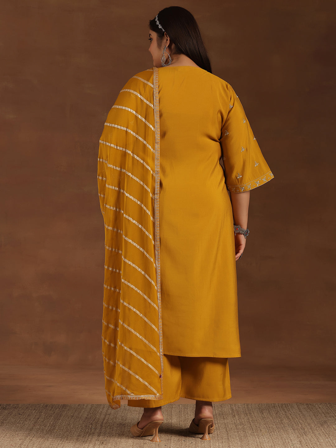 Plus Size Mustard Solid Silk Blend Straight Suit With Dupatta