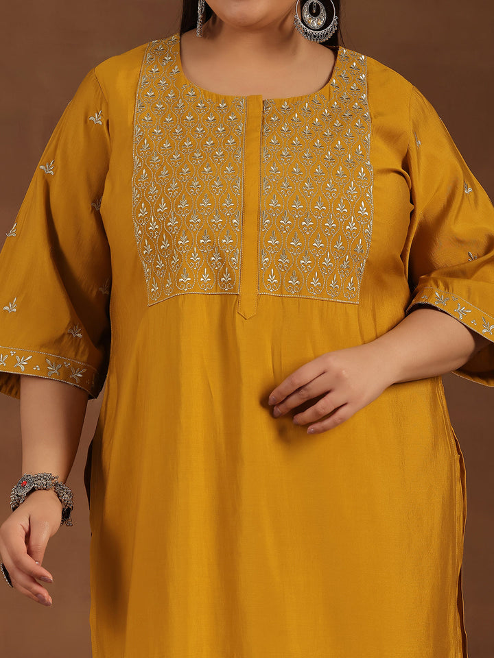 Plus Size Mustard Solid Silk Blend Straight Suit With Dupatta