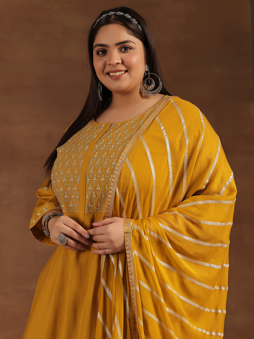 Plus Size Mustard Solid Silk Blend Straight Suit With Dupatta