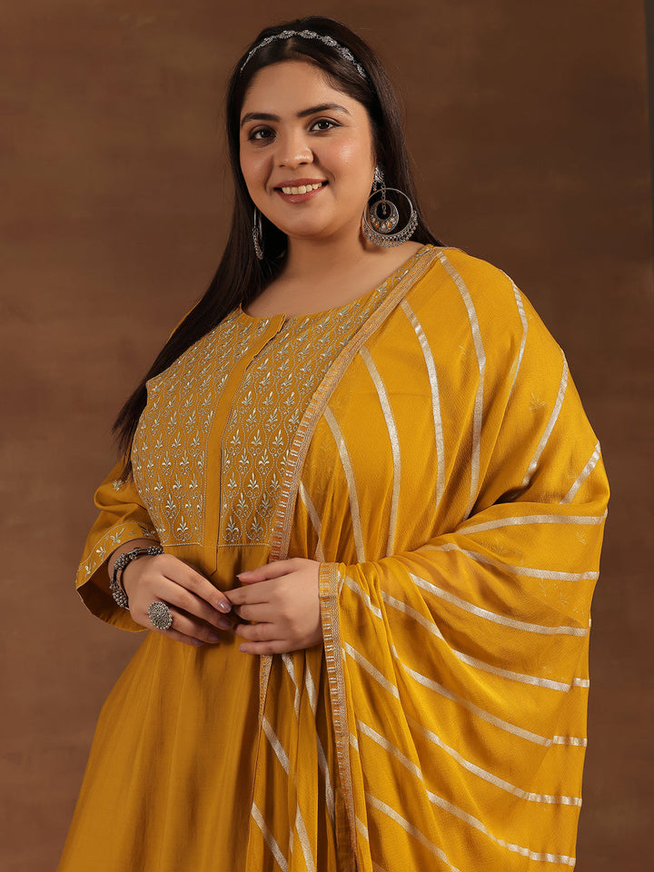 Plus Size Mustard Solid Silk Blend Straight Suit With Dupatta