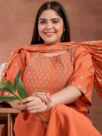 Plus Size Coral Solid Silk Blend Straight Suit With Dupatta