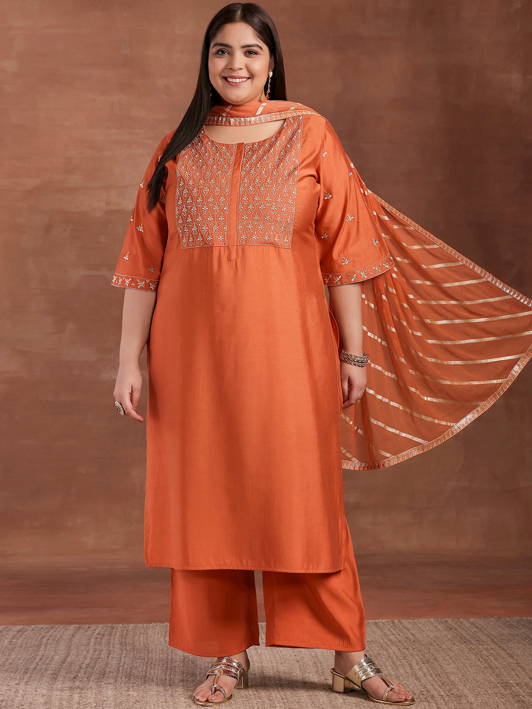 Plus Size Coral Solid Silk Blend Straight Suit With Dupatta