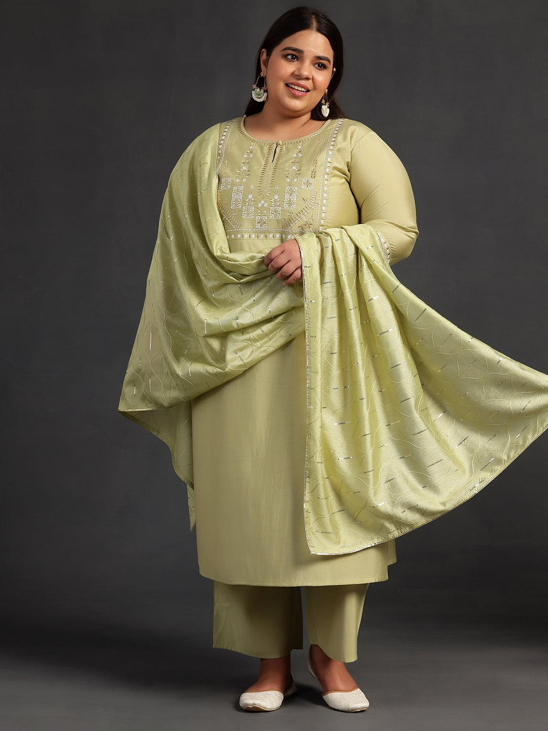 Plus Size Green Yoke Design Silk Blend Straight Kurta With Trousers & Dupatta - ShopLibas
