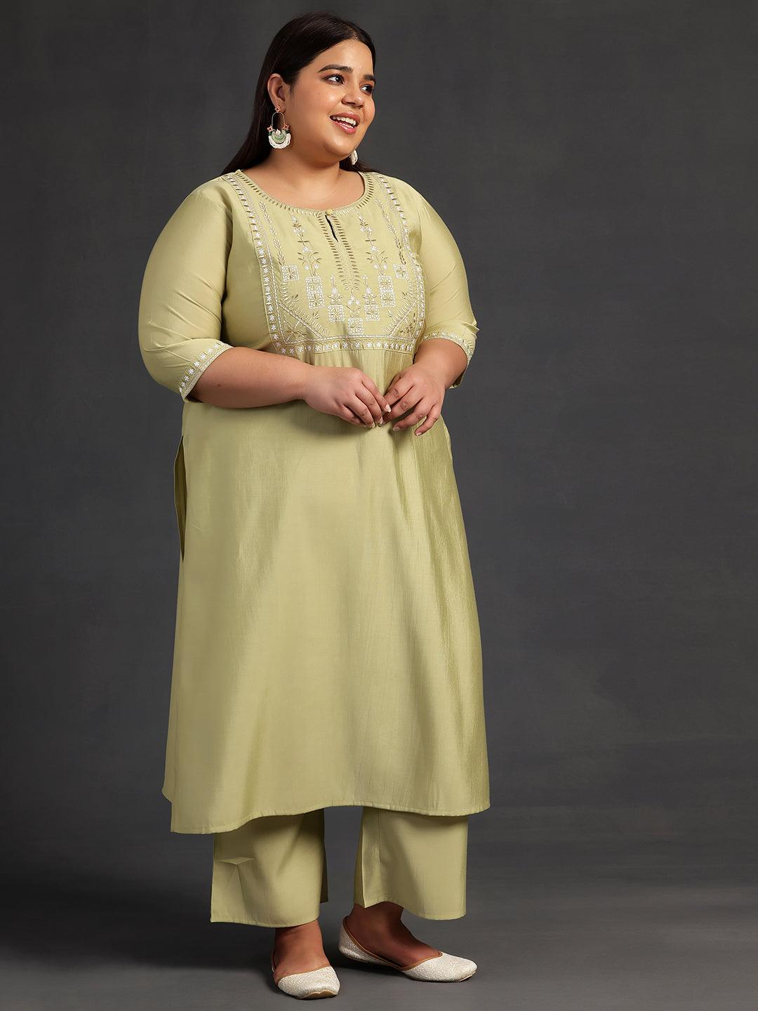 Plus Size Green Yoke Design Silk Blend Straight Kurta With Trousers & Dupatta - ShopLibas 