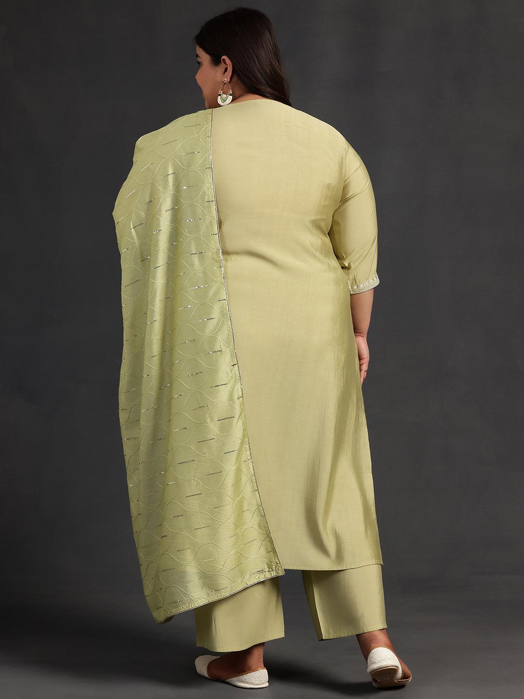 Plus Size Green Yoke Design Silk Blend Straight Kurta With Trousers & Dupatta - ShopLibas 