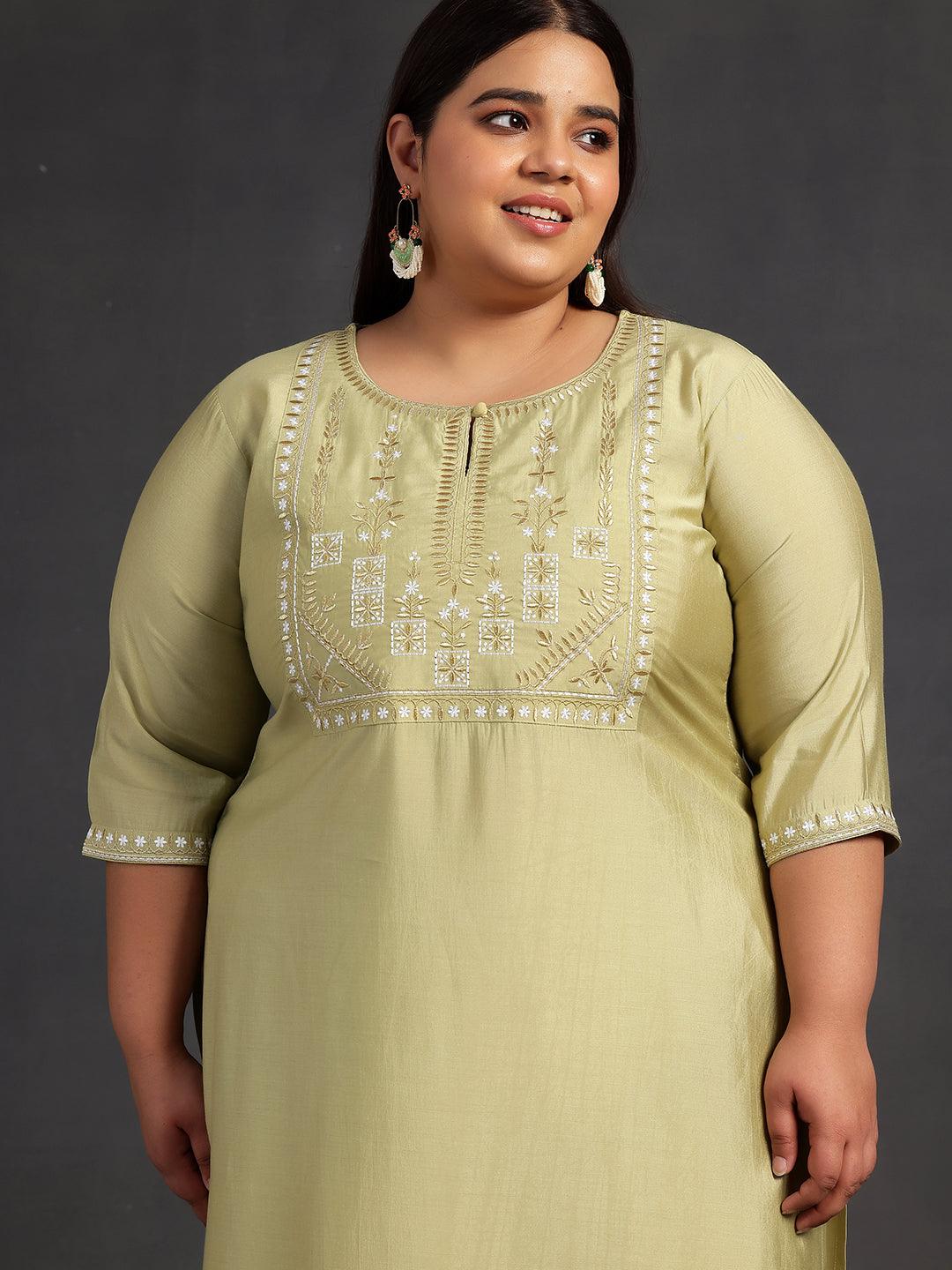 Plus Size Green Yoke Design Silk Blend Straight Kurta With Trousers & Dupatta - ShopLibas 