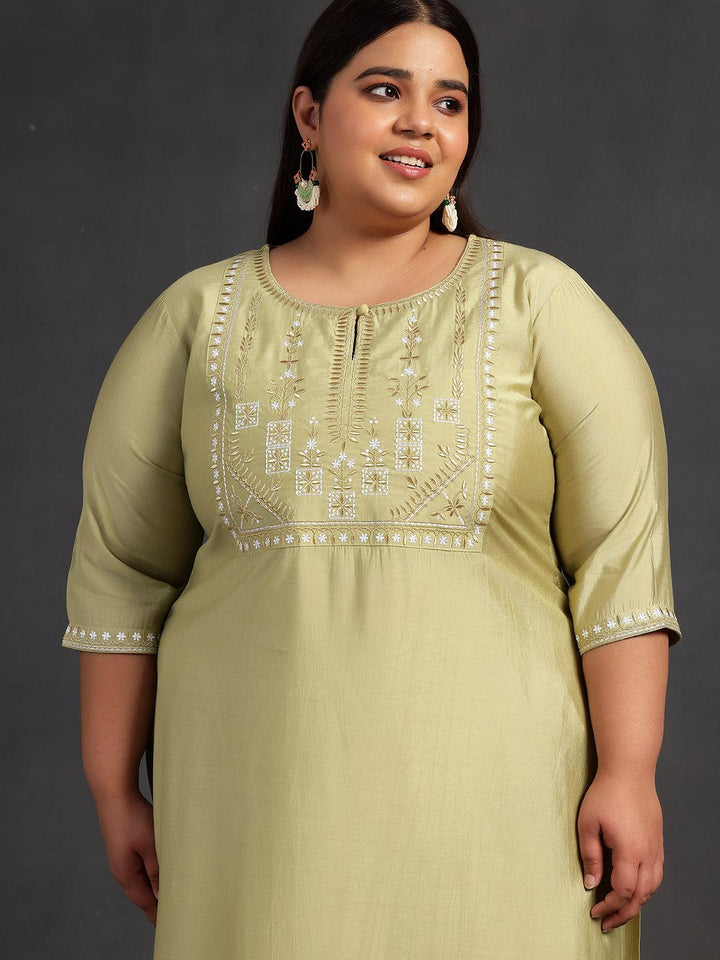 Plus Size Green Yoke Design Silk Blend Straight Suit With Dupatta