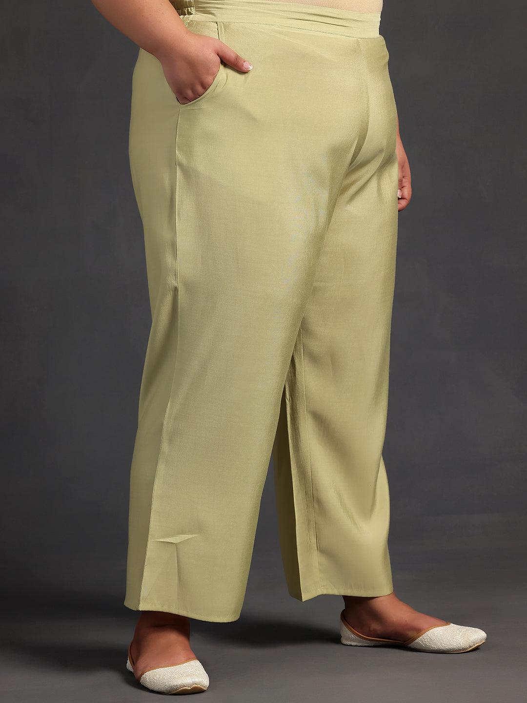 Plus Size Green Yoke Design Silk Blend Straight Kurta With Trousers & Dupatta - ShopLibas 