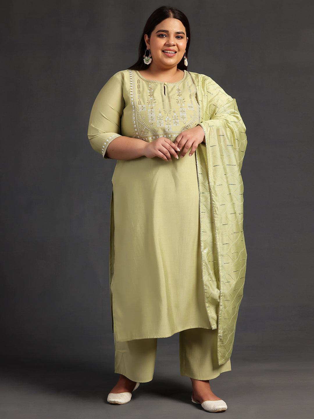 Plus Size Green Yoke Design Silk Blend Straight Kurta With Trousers & Dupatta - ShopLibas 