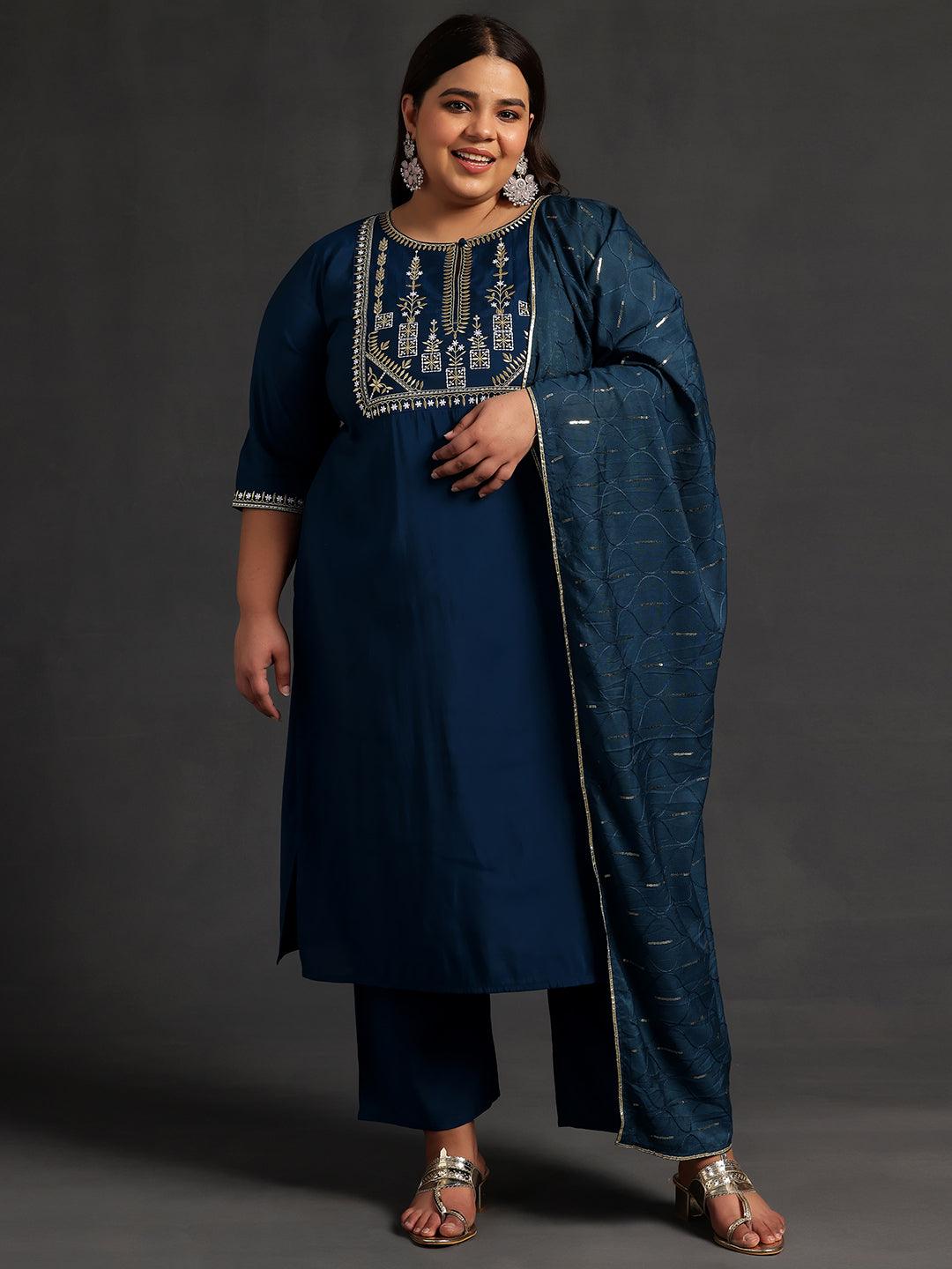 Plus Size Blue Yoke Design Silk Blend Straight Kurta With Trousers & Dupatta - ShopLibas 