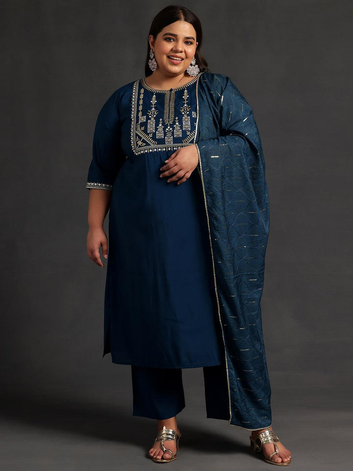 Plus Size Blue Yoke Design Silk Blend Straight Suit With Dupatta