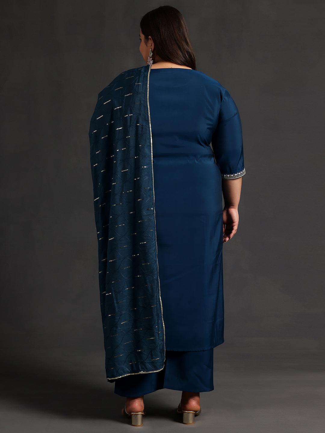 Plus Size Blue Yoke Design Silk Blend Straight Kurta With Trousers & Dupatta - ShopLibas 