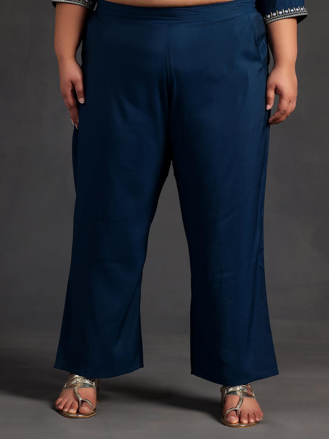 Plus Size Blue Yoke Design Silk Blend Straight Kurta With Trousers & Dupatta - ShopLibas 