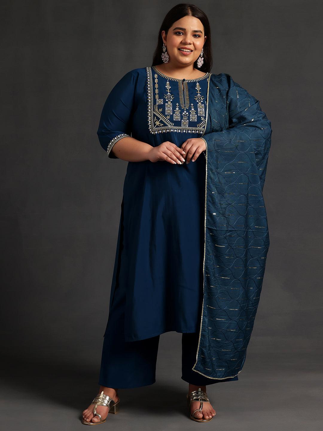 Plus Size Blue Yoke Design Silk Blend Straight Kurta With Trousers & Dupatta - ShopLibas 