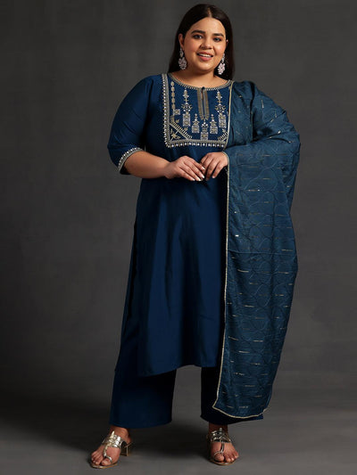 Plus Size Blue Yoke Design Silk Blend Straight Kurta With Trousers & Dupatta - ShopLibas