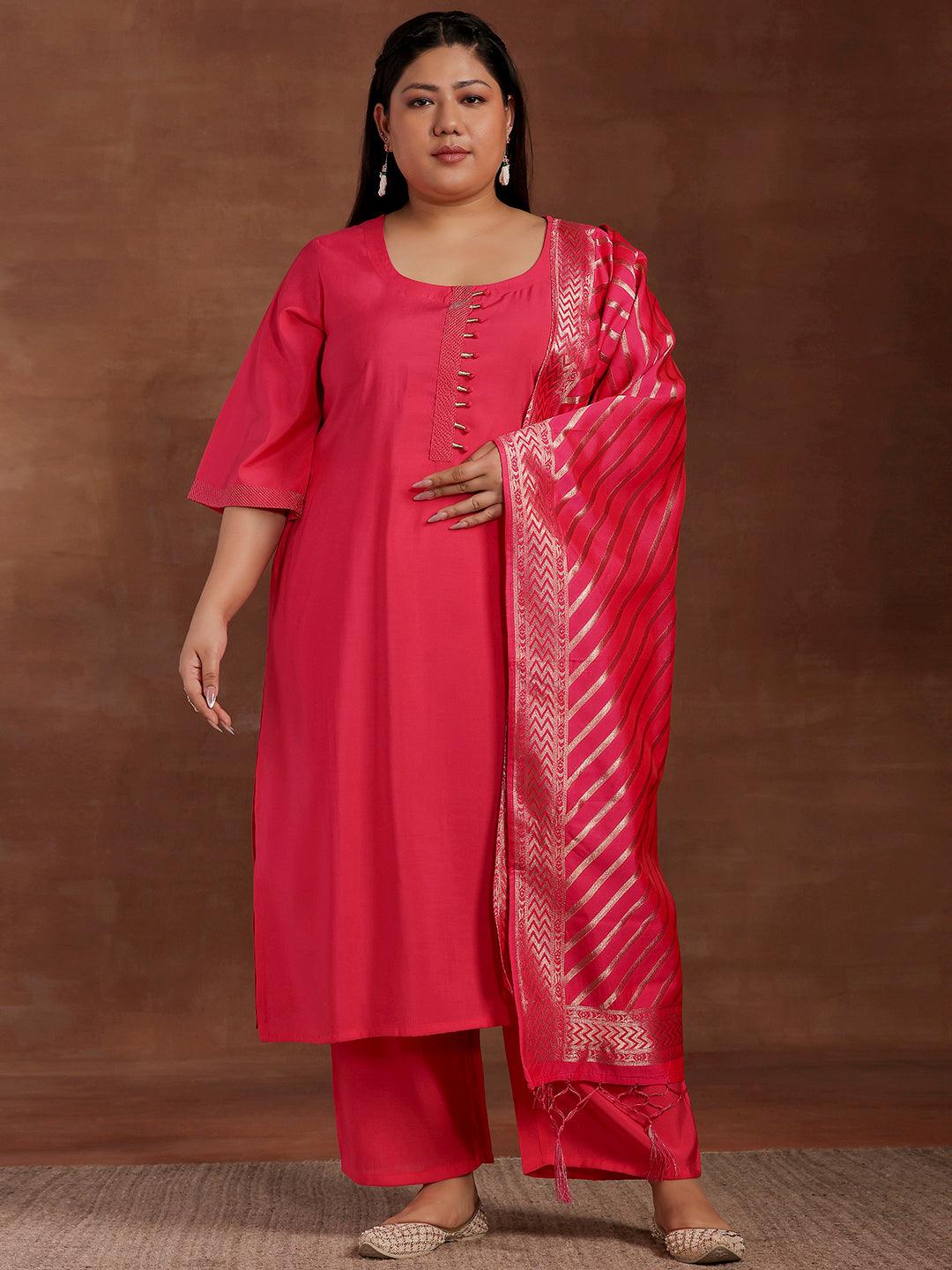 Plus Size Pink Solid Silk Blend Straight Suit With Dupatta