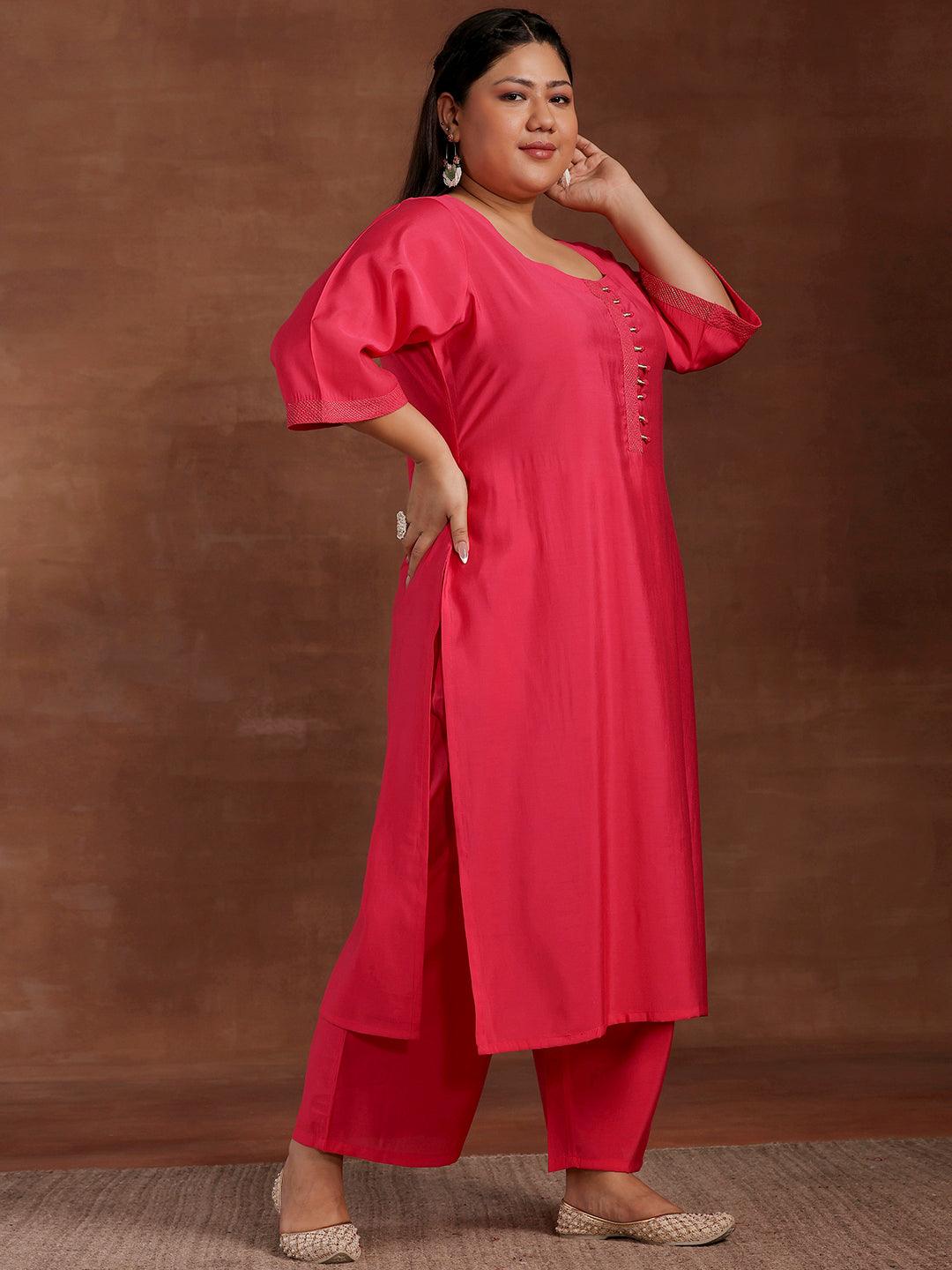 Plus Size Pink Solid Silk Blend Straight Suit With Dupatta