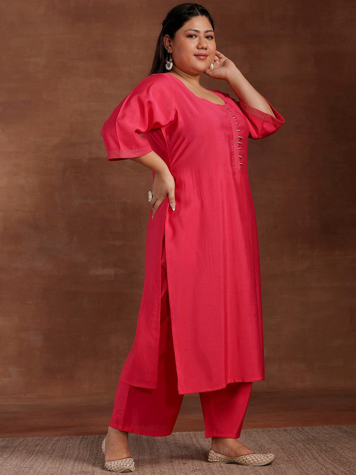 Plus Size Pink Solid Silk Blend Straight Suit With Dupatta