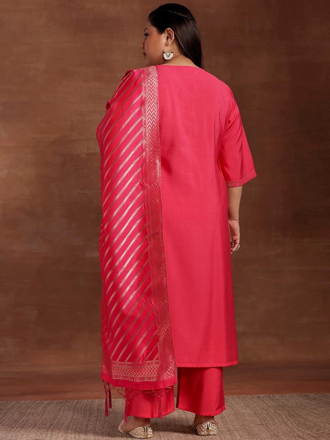 Plus Size Pink Solid Silk Blend Straight Suit With Dupatta