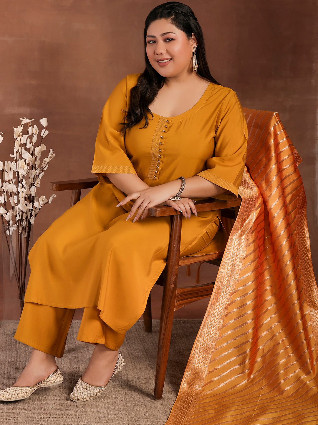 Plus Size Mustard Solid Silk Blend Straight Suit With Dupatta