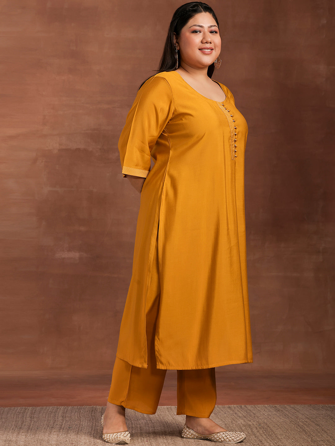 Plus Size Mustard Solid Silk Blend Straight Suit With Dupatta