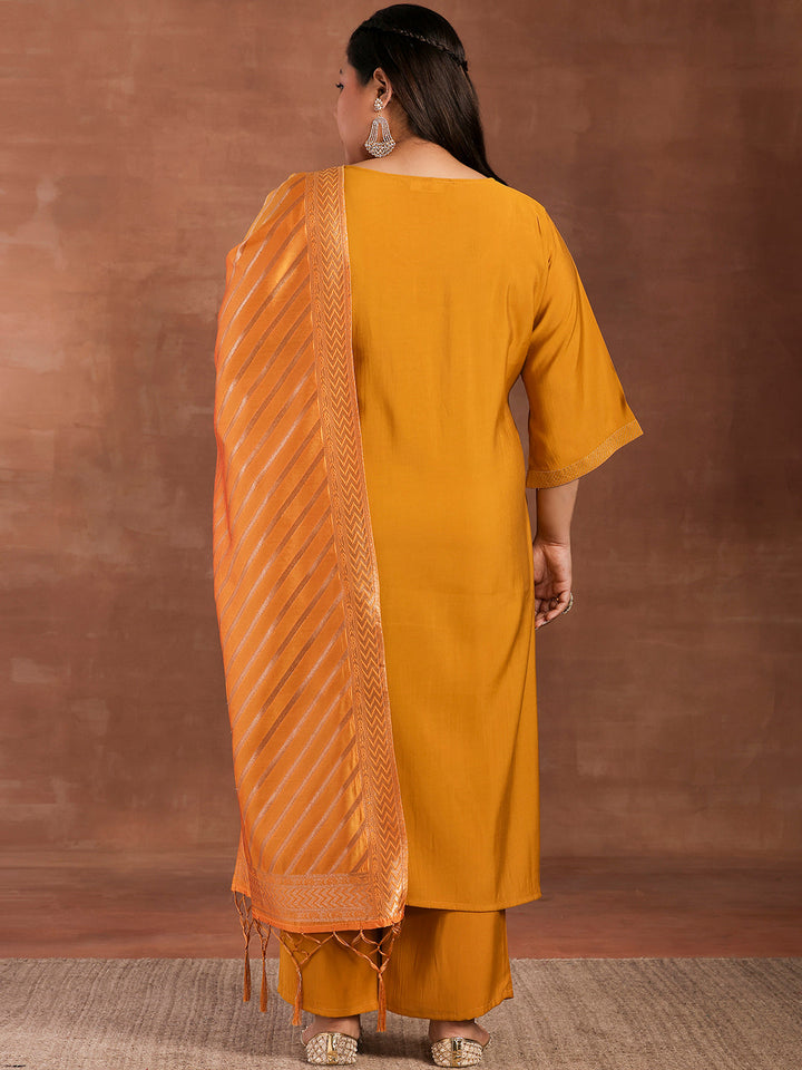 Plus Size Mustard Solid Silk Blend Straight Suit With Dupatta