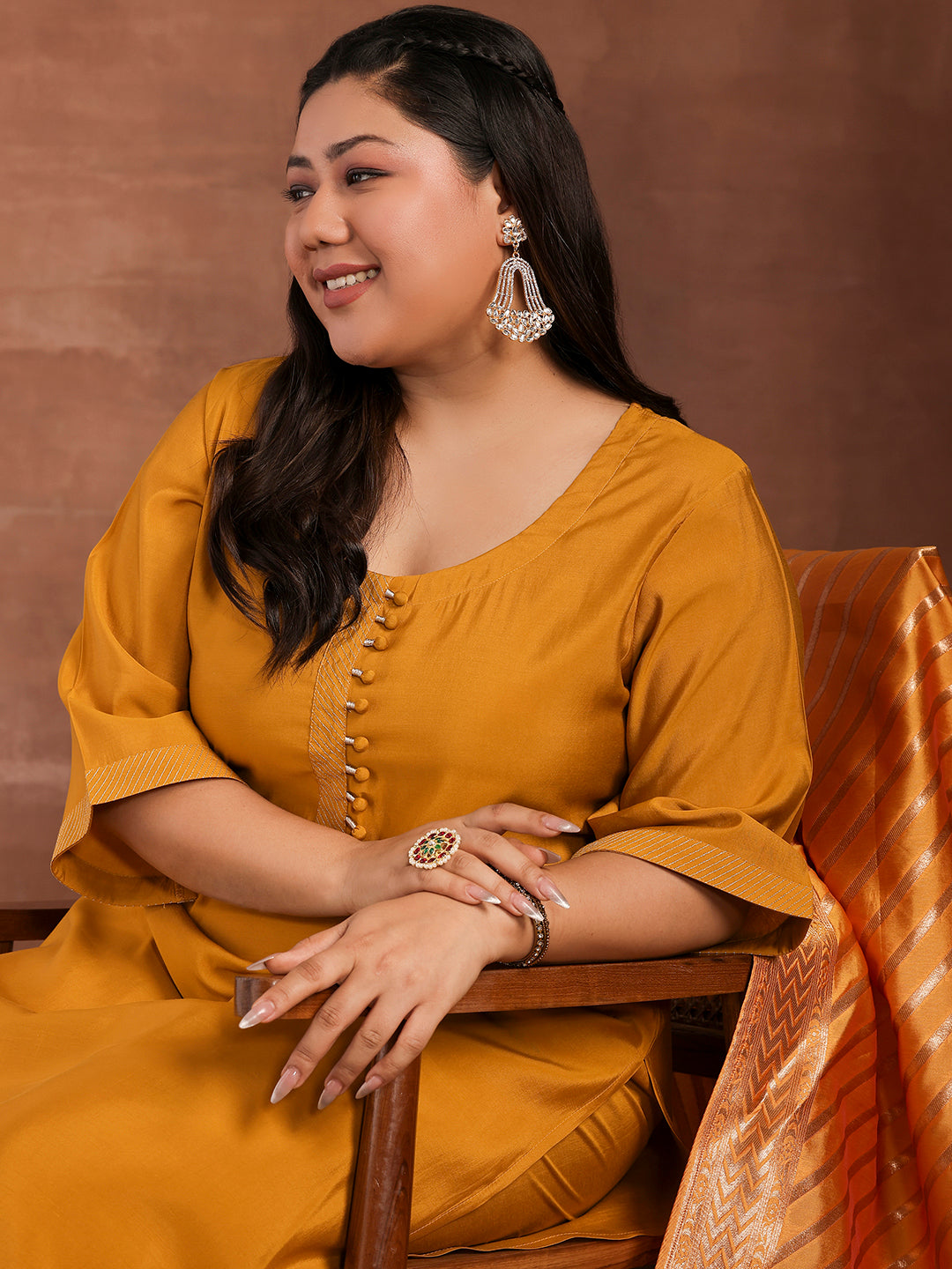 Plus Size Mustard Solid Silk Blend Straight Suit With Dupatta