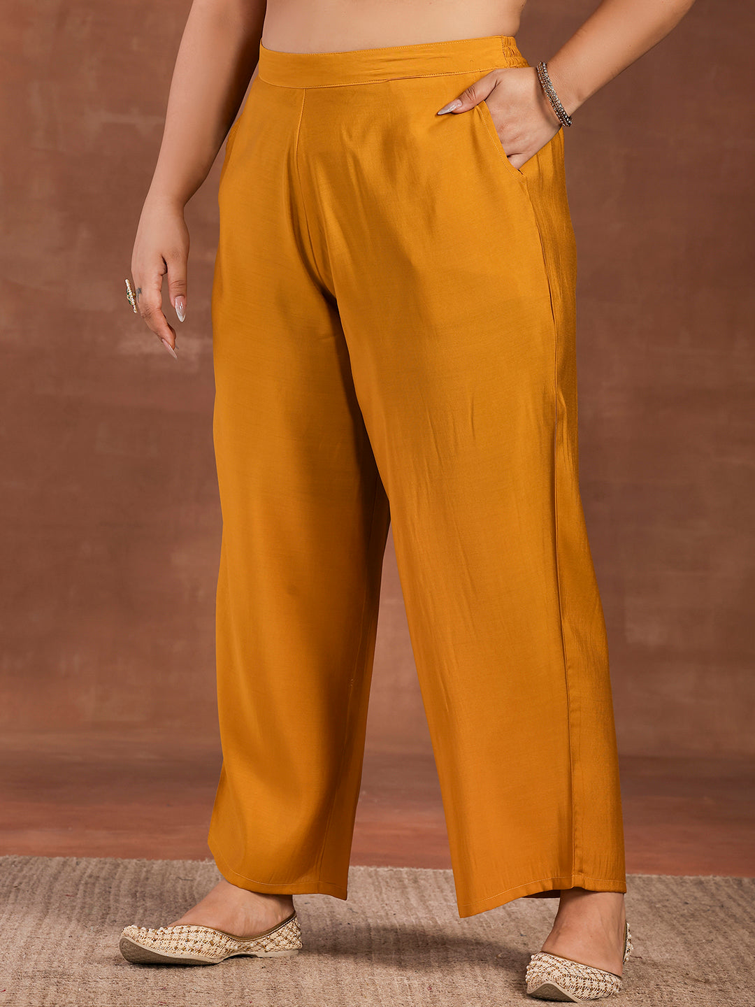 Plus Size Mustard Solid Silk Blend Straight Suit With Dupatta