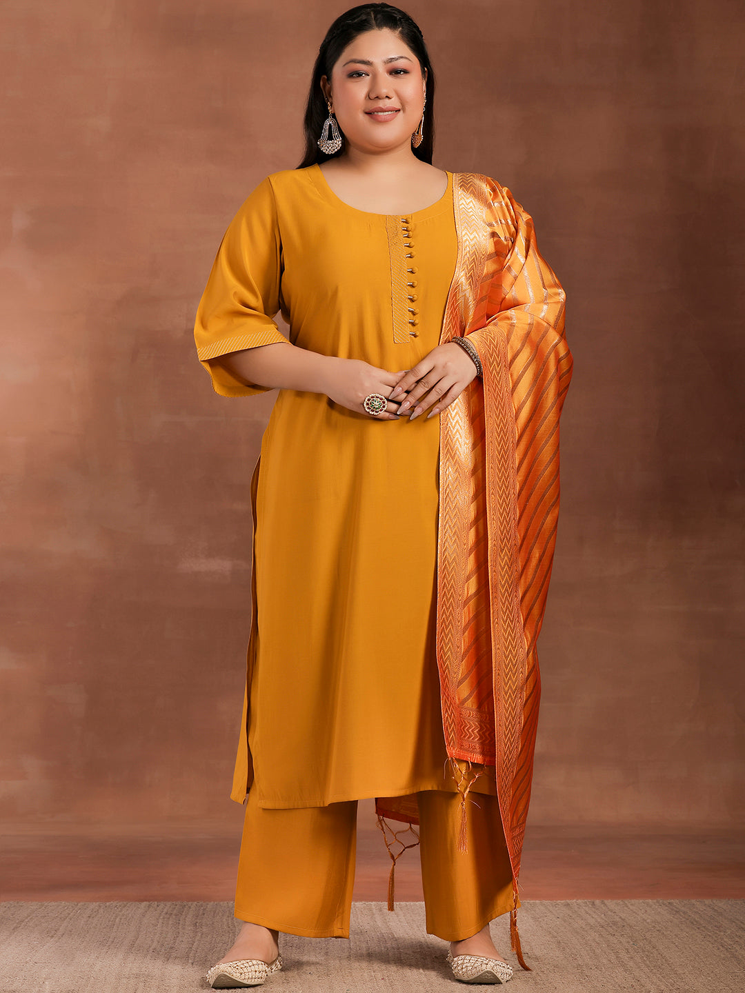 Plus Size Mustard Solid Silk Blend Straight Suit With Dupatta