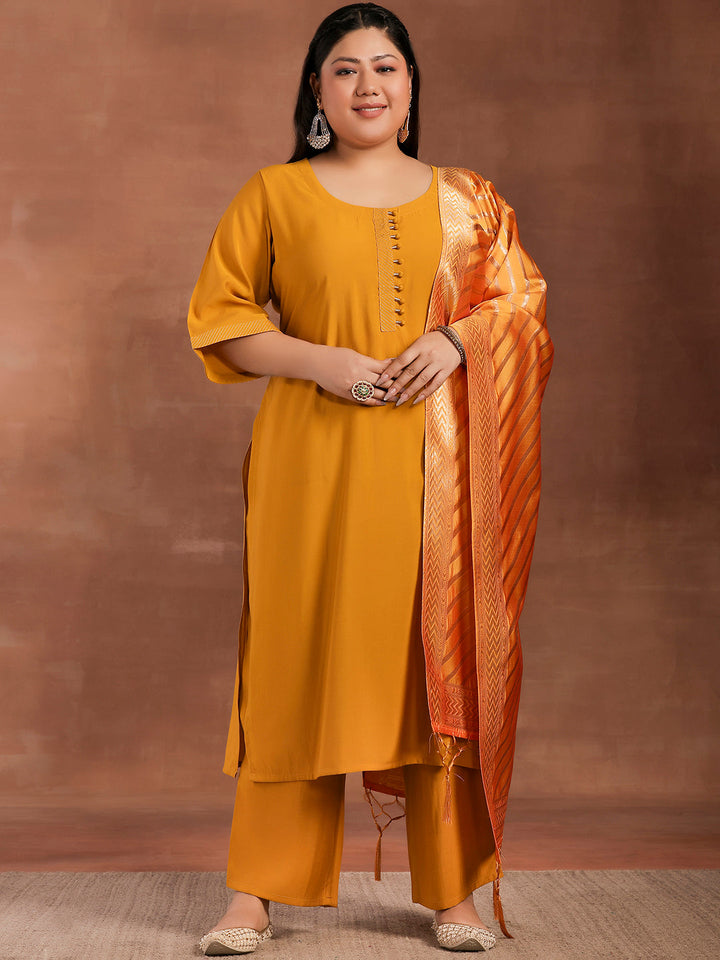 Plus Size Mustard Solid Silk Blend Straight Suit With Dupatta