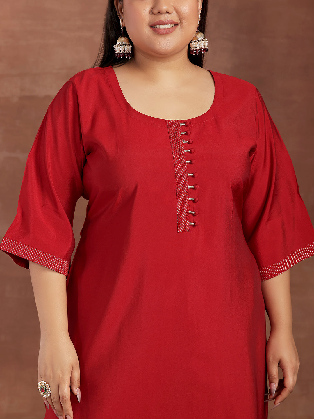 Plus Size Red Solid Silk Blend Straight Suit With Dupatta