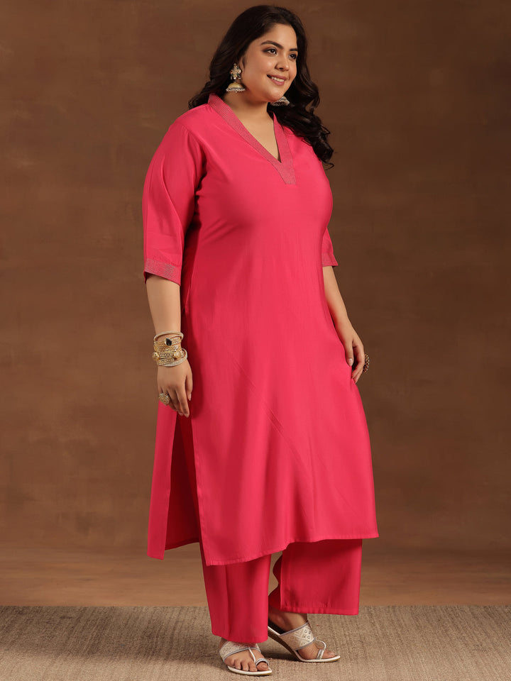 Plus Size Pink Solid Silk Blend Straight Suit With Dupatta