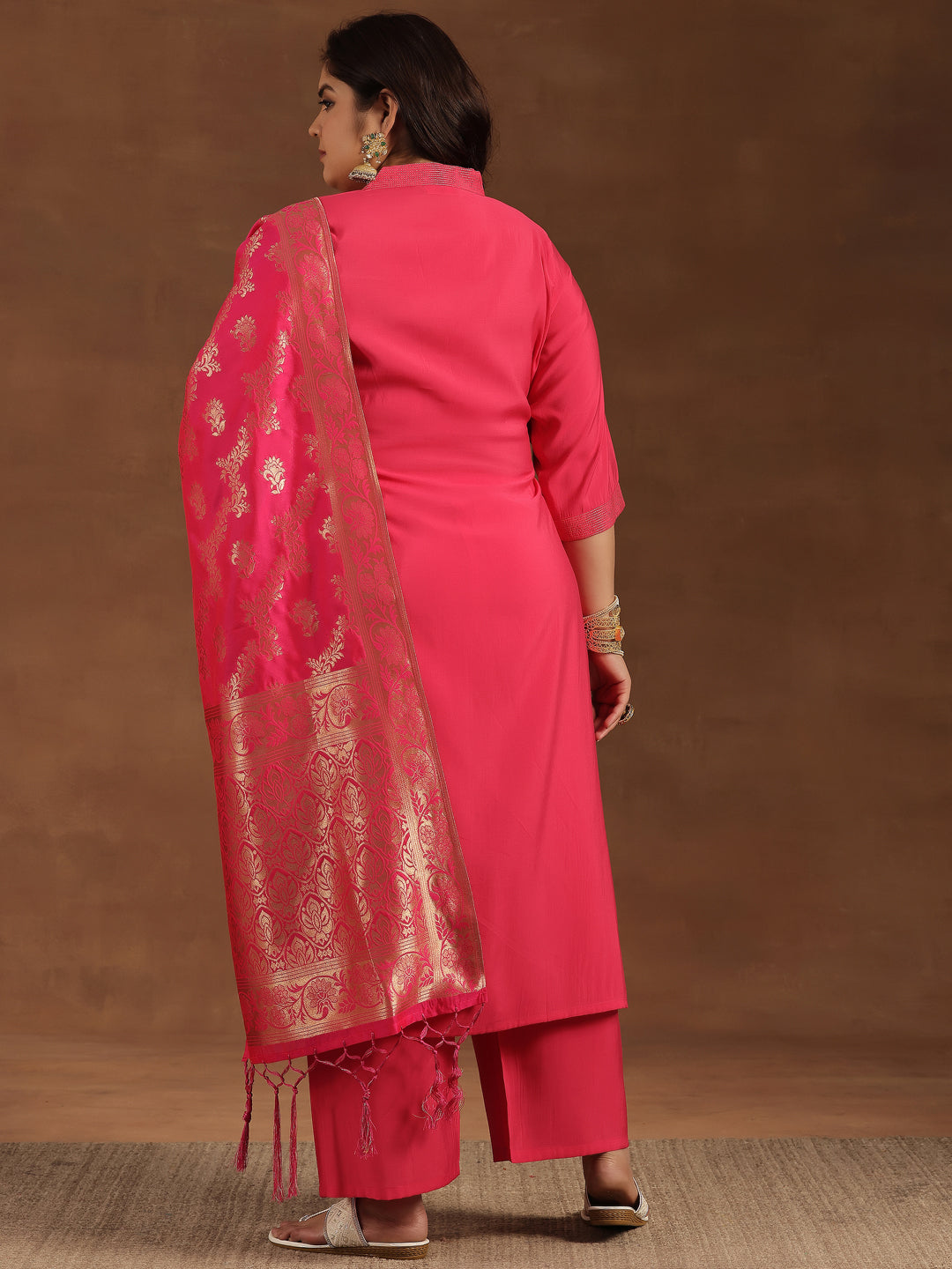 Plus Size Pink Solid Silk Blend Straight Suit With Dupatta