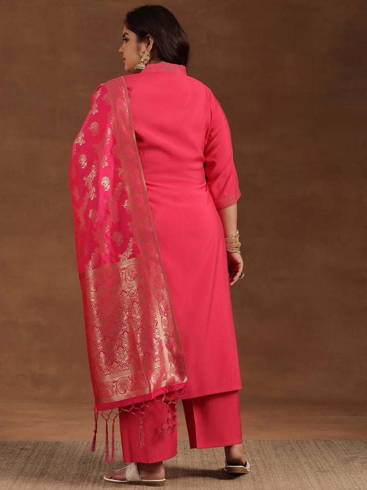 Plus Size Pink Solid Silk Blend Straight Suit With Dupatta