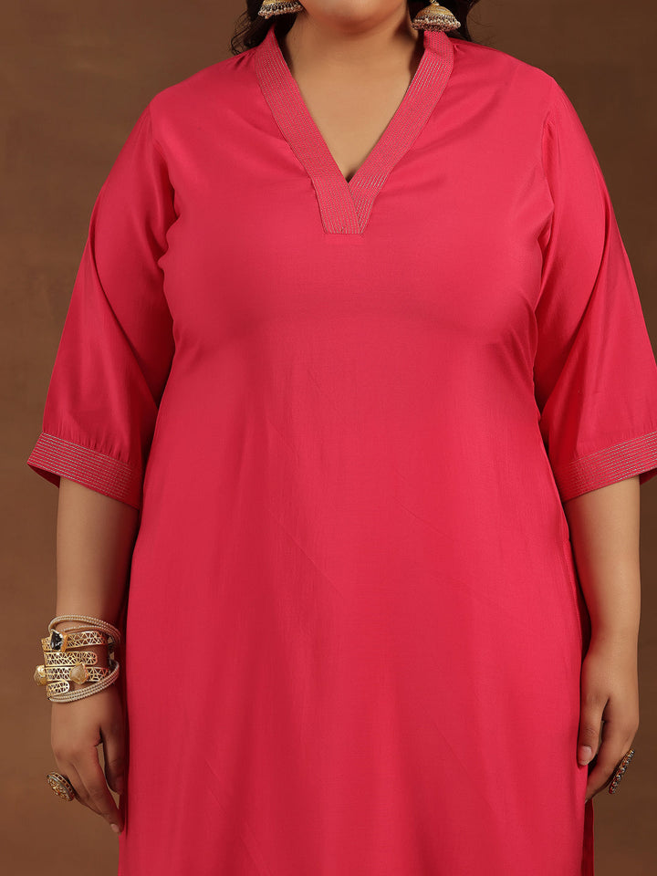 Plus Size Pink Solid Silk Blend Straight Suit With Dupatta