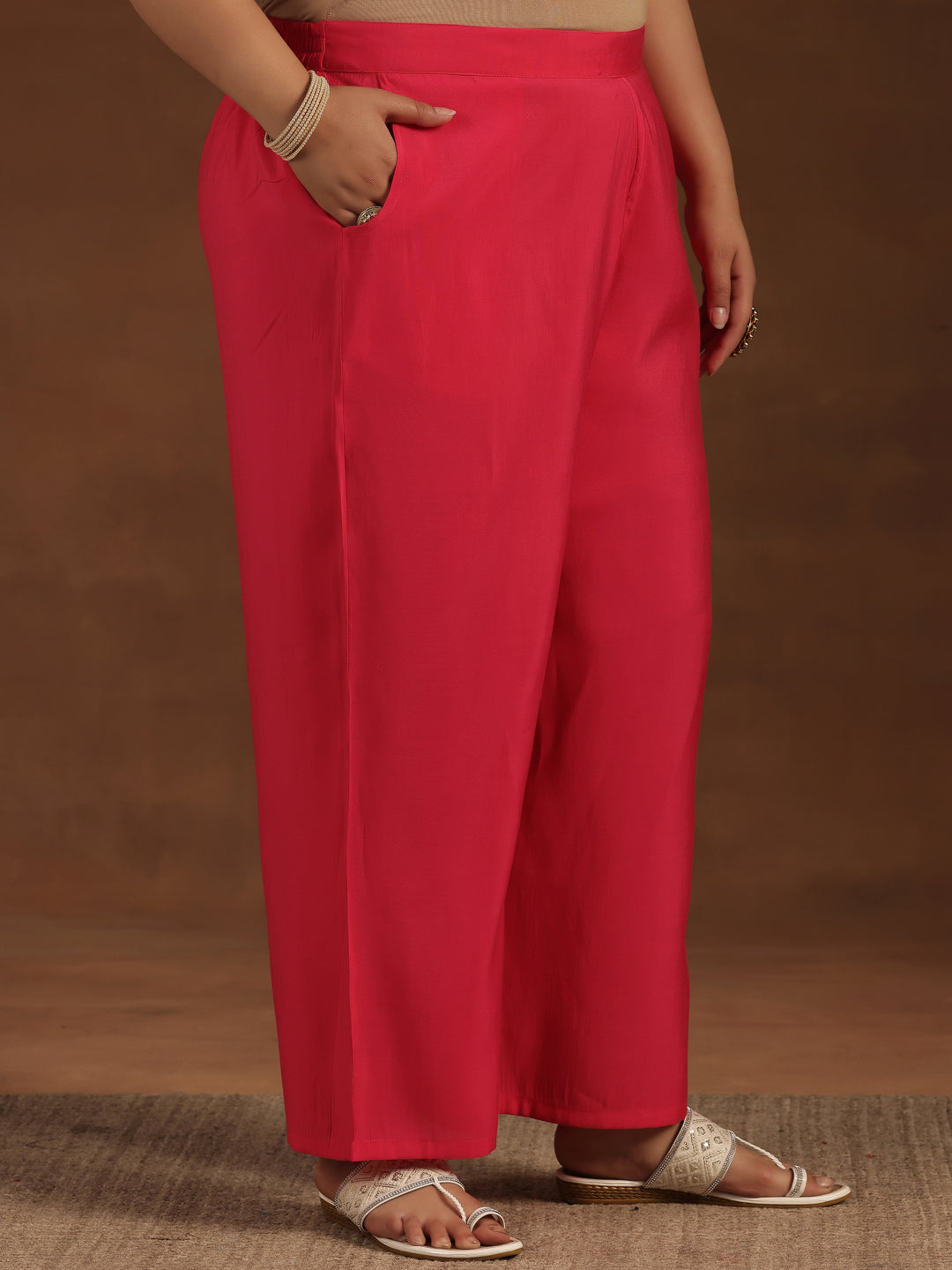 Plus Size Pink Solid Silk Blend Straight Suit With Dupatta
