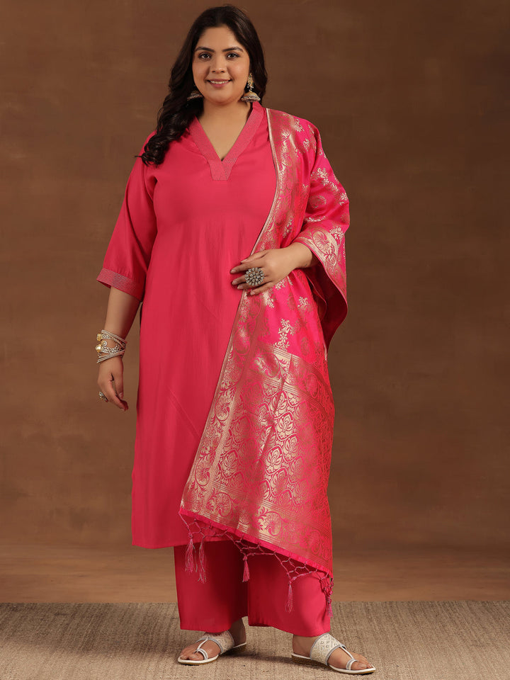 Plus Size Pink Solid Silk Blend Straight Suit With Dupatta