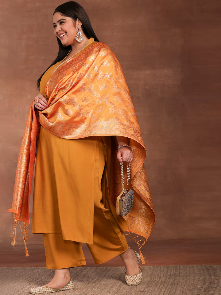Plus Size Mustard Solid Silk Blend Straight Suit With Dupatta