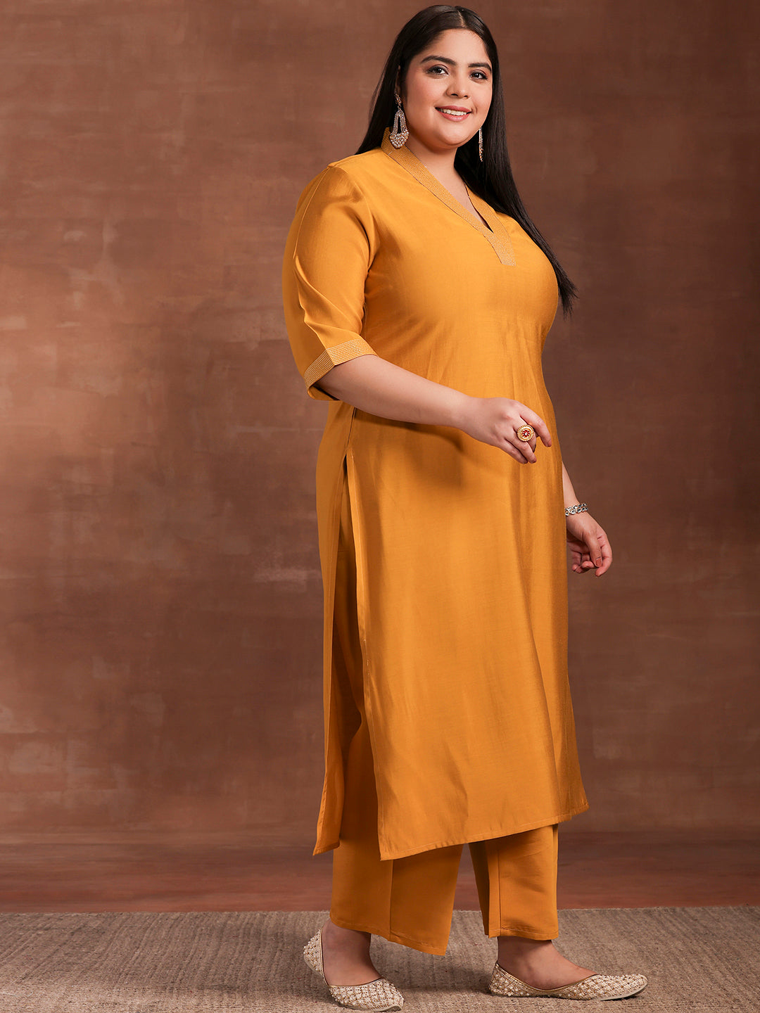 Plus Size Mustard Solid Silk Blend Straight Suit With Dupatta