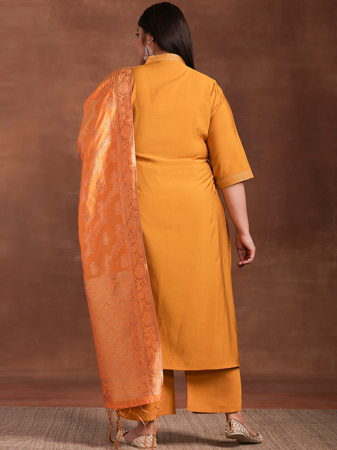 Plus Size Mustard Solid Silk Blend Straight Suit With Dupatta