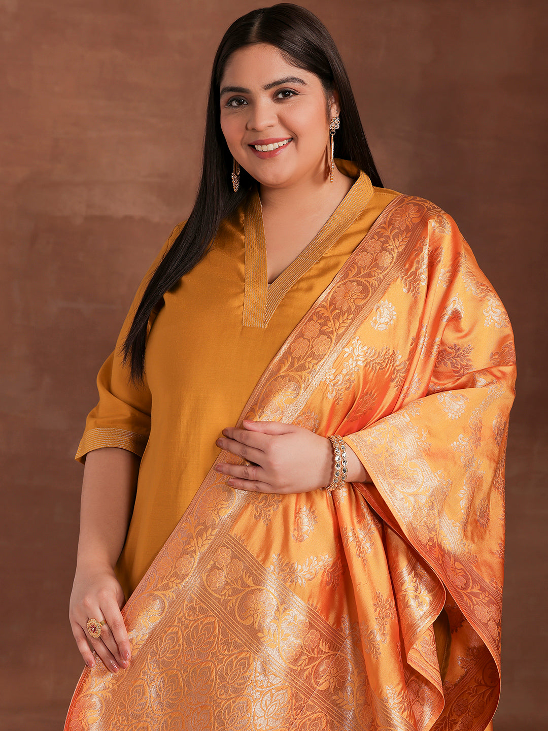 Plus Size Mustard Solid Silk Blend Straight Suit With Dupatta