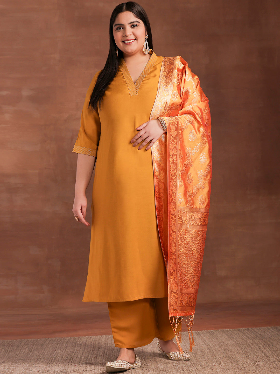 Plus Size Mustard Solid Silk Blend Straight Suit With Dupatta