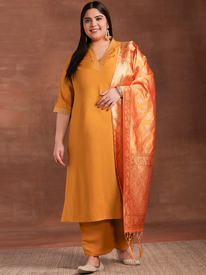 Plus Size Mustard Solid Silk Blend Straight Suit With Dupatta