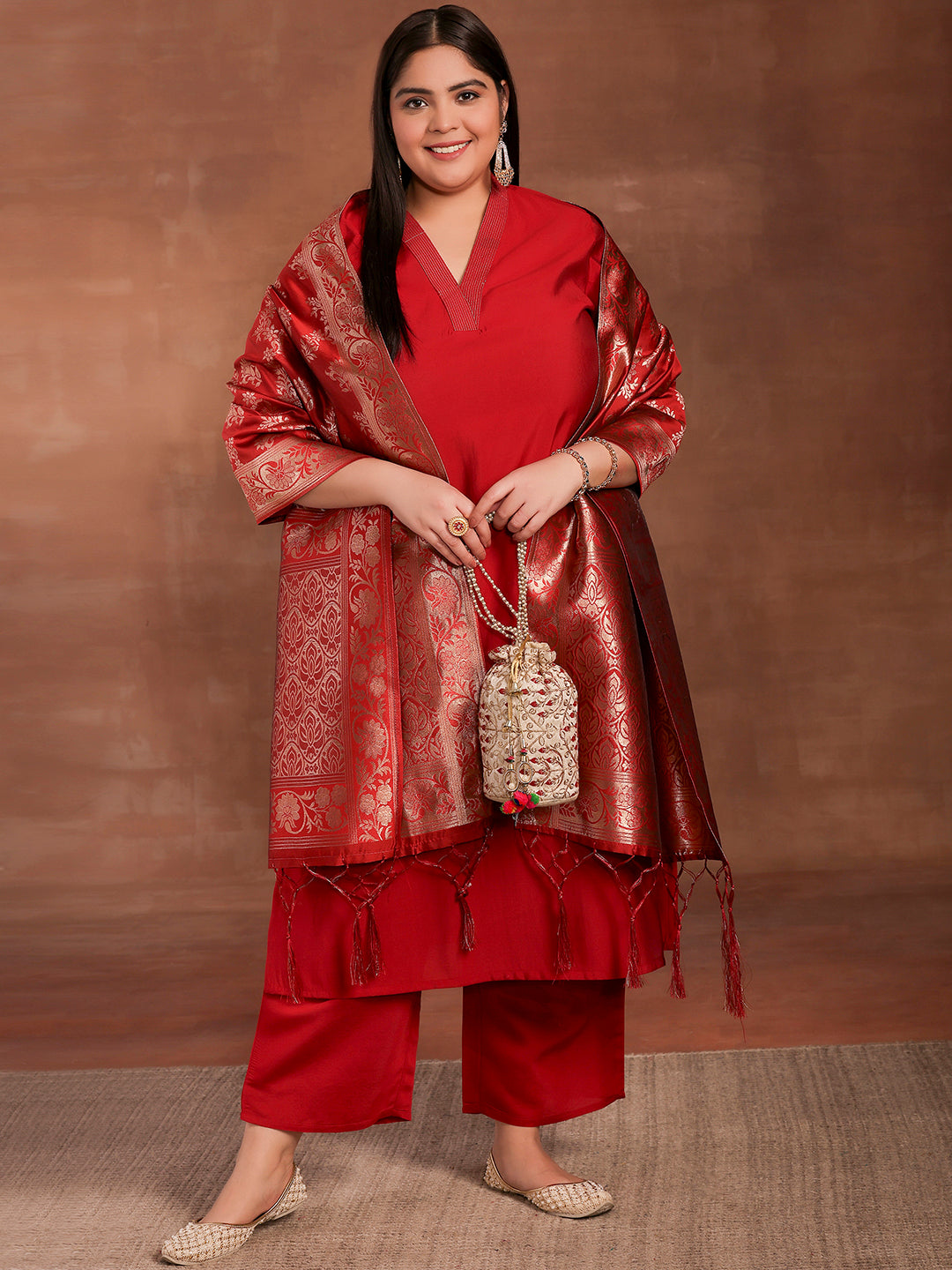 Plus Size Red Solid Silk Blend Straight Suit With Dupatta