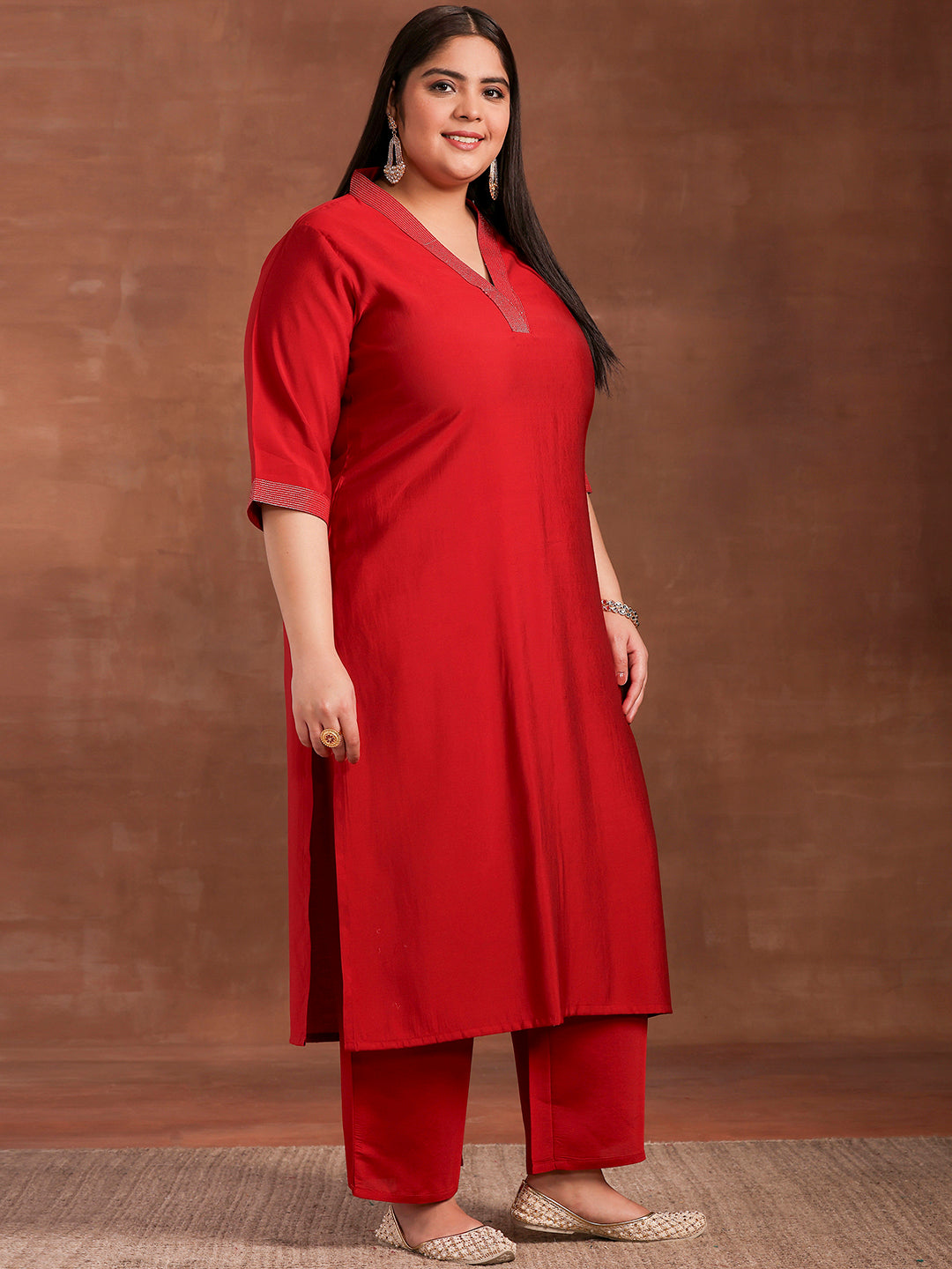Plus Size Red Solid Silk Blend Straight Suit With Dupatta