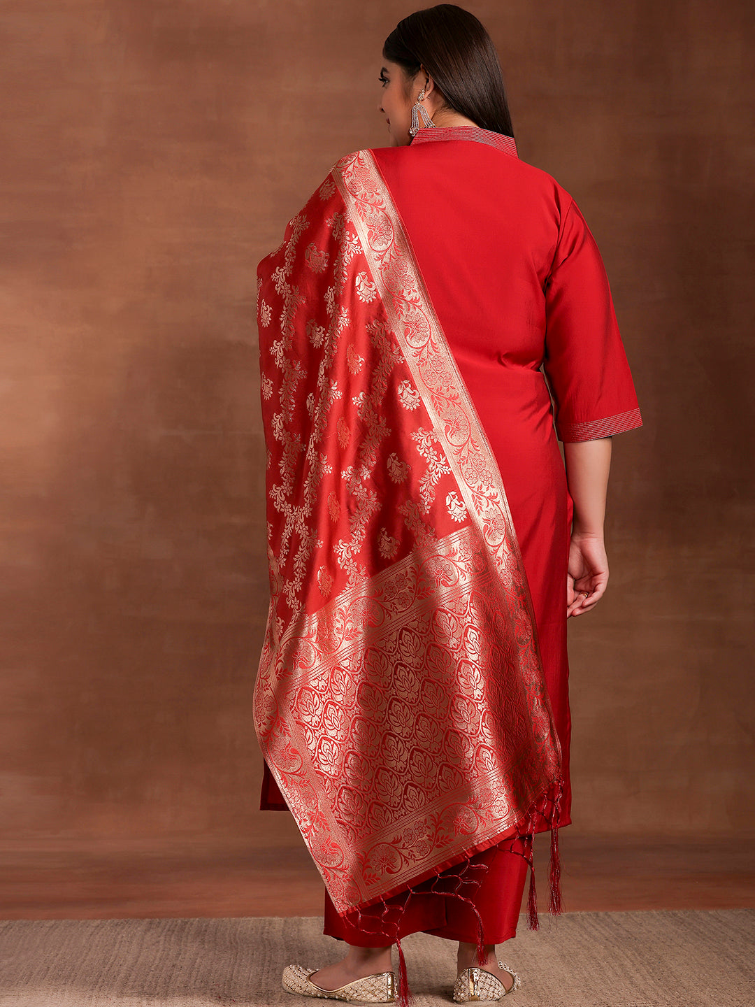 Plus Size Red Solid Silk Blend Straight Suit With Dupatta