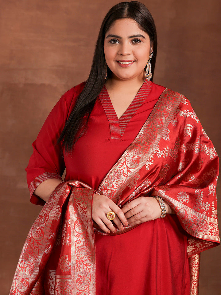 Plus Size Red Solid Silk Blend Straight Suit With Dupatta