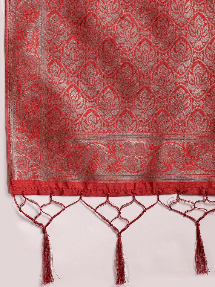 Plus Size Red Solid Silk Blend Straight Suit With Dupatta